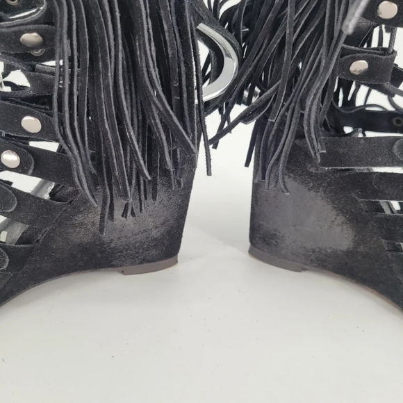 FREE People fringe stud suede wedge heels black shoes 39 US 9 - Picture 13 of 15